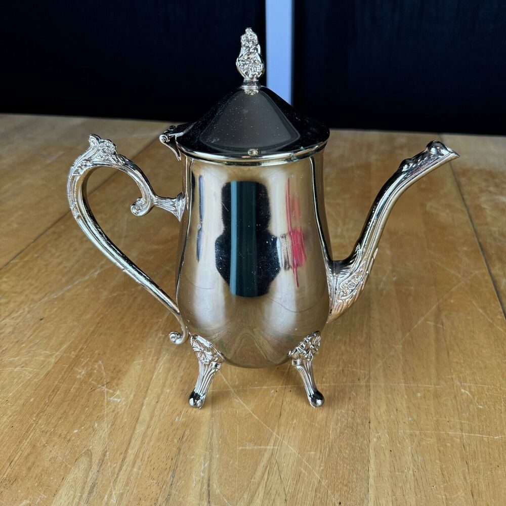 Vintage Metal Coffee Pot Gold Tone With Attached Lid Footed